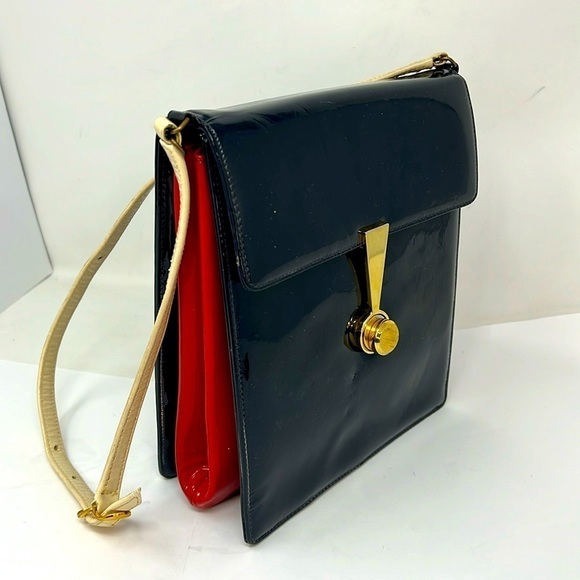 Saks Fifth Avenue Vintage Patent Leather Navy Red Beige Shoulder Bag - Picture 1 of 16